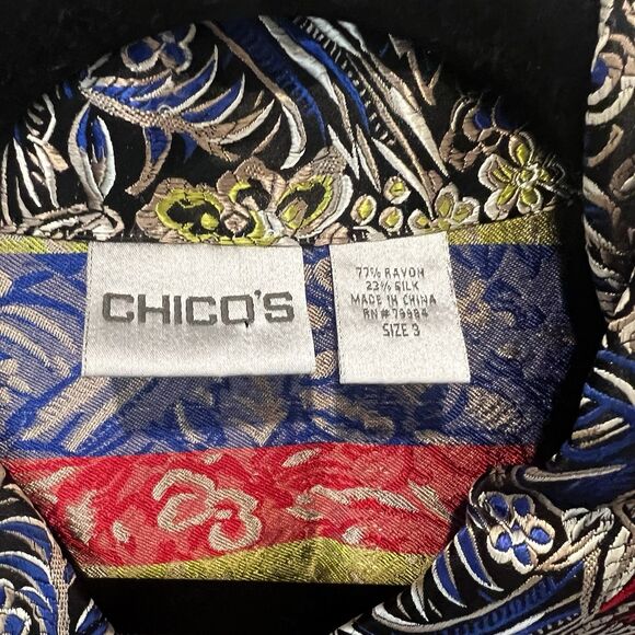 Chico’s Size 3 Multicolored Silk Blend Jacket Asian Inspired Abstract Flaw Read - Picture 2 of 9
